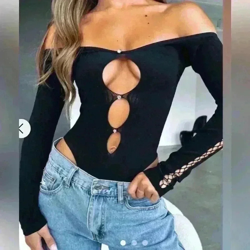 White fox black jeweled peek a boo bodysuit one size